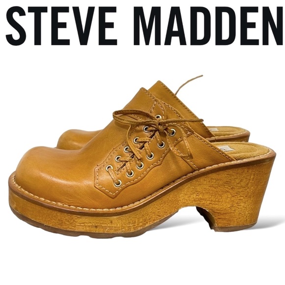 Steve Madden Shoes - Vintage 90s Y2K Steve Madden Caramel Leather Chunky Wood Platform Square Clogs 6